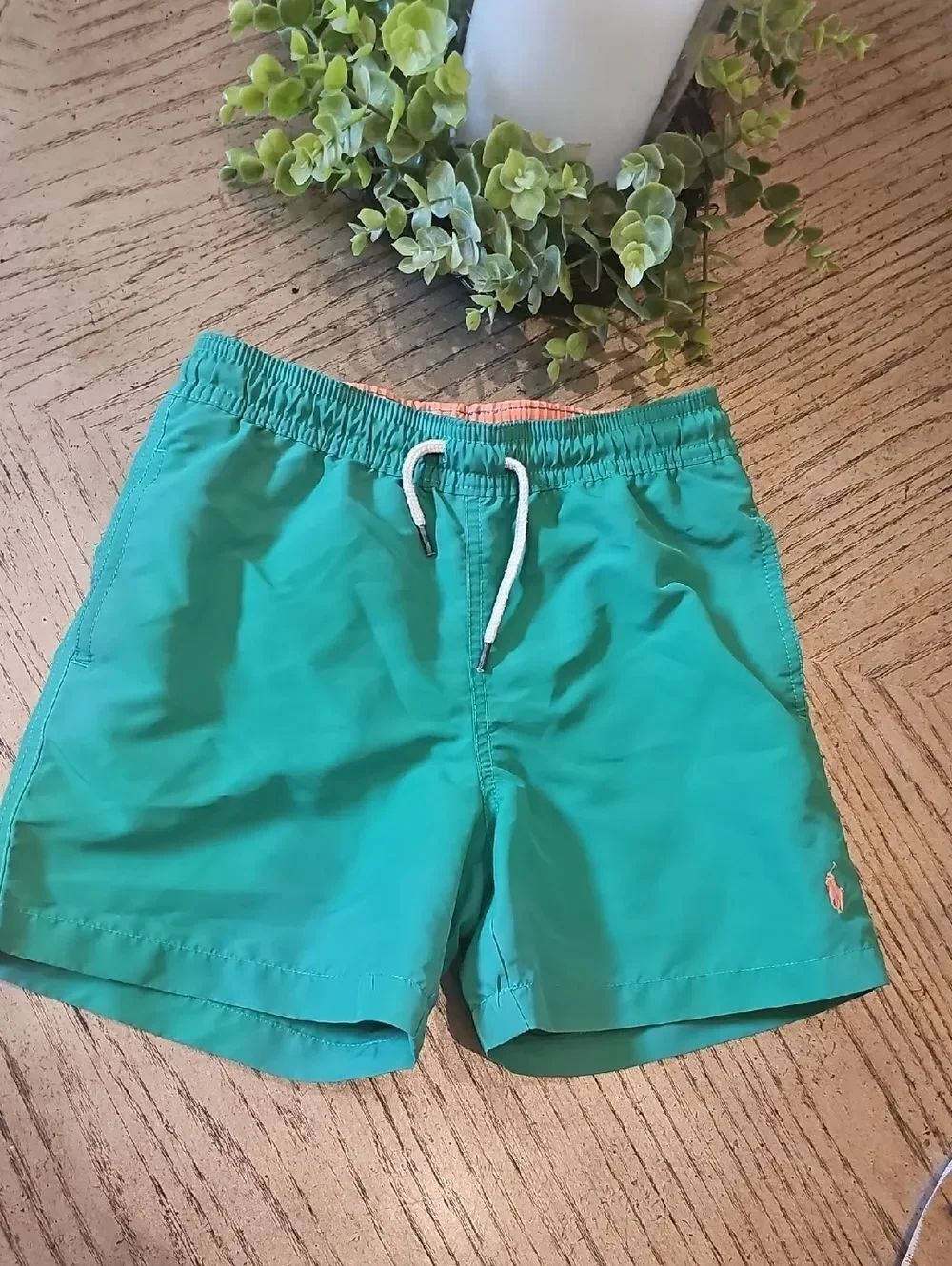 Polo by Ralph Lauren Green Swim Trunks with Coral Lining Size 7